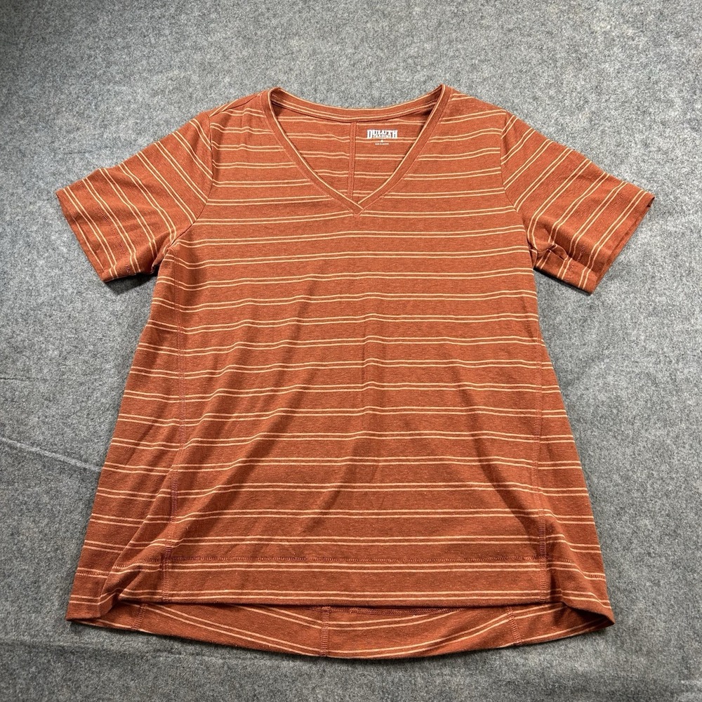Duluth Trading Shirt Womens Small Hemp Blend Orange Striped Tee V-Neck Outdoor